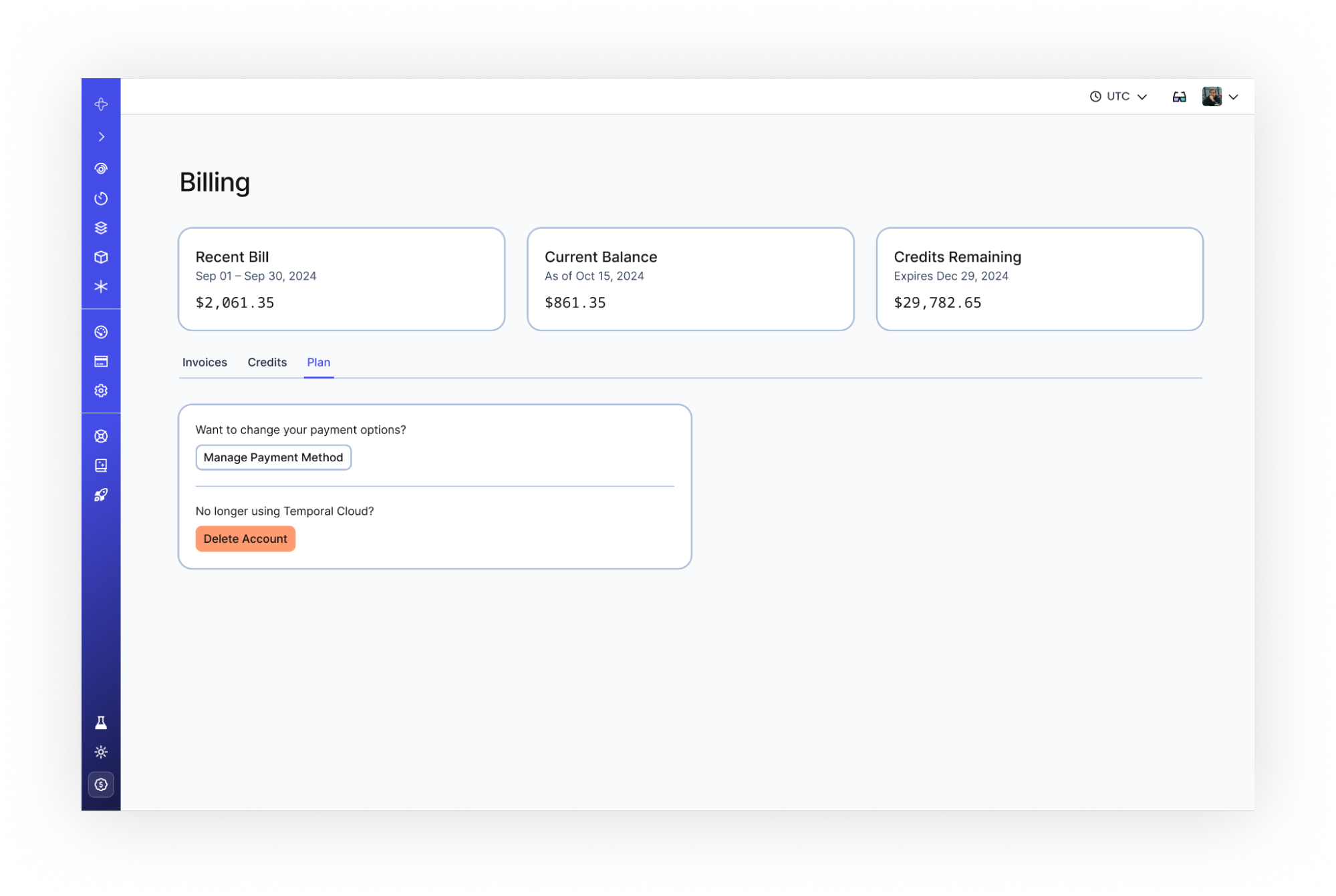 Billing page showing the Plan tab. The contents on the tab include "Manage Payment Method" and "Delete Account" buttons. The "Delete Account" button is placed below text asking "No longer using Temporal Cloud?"